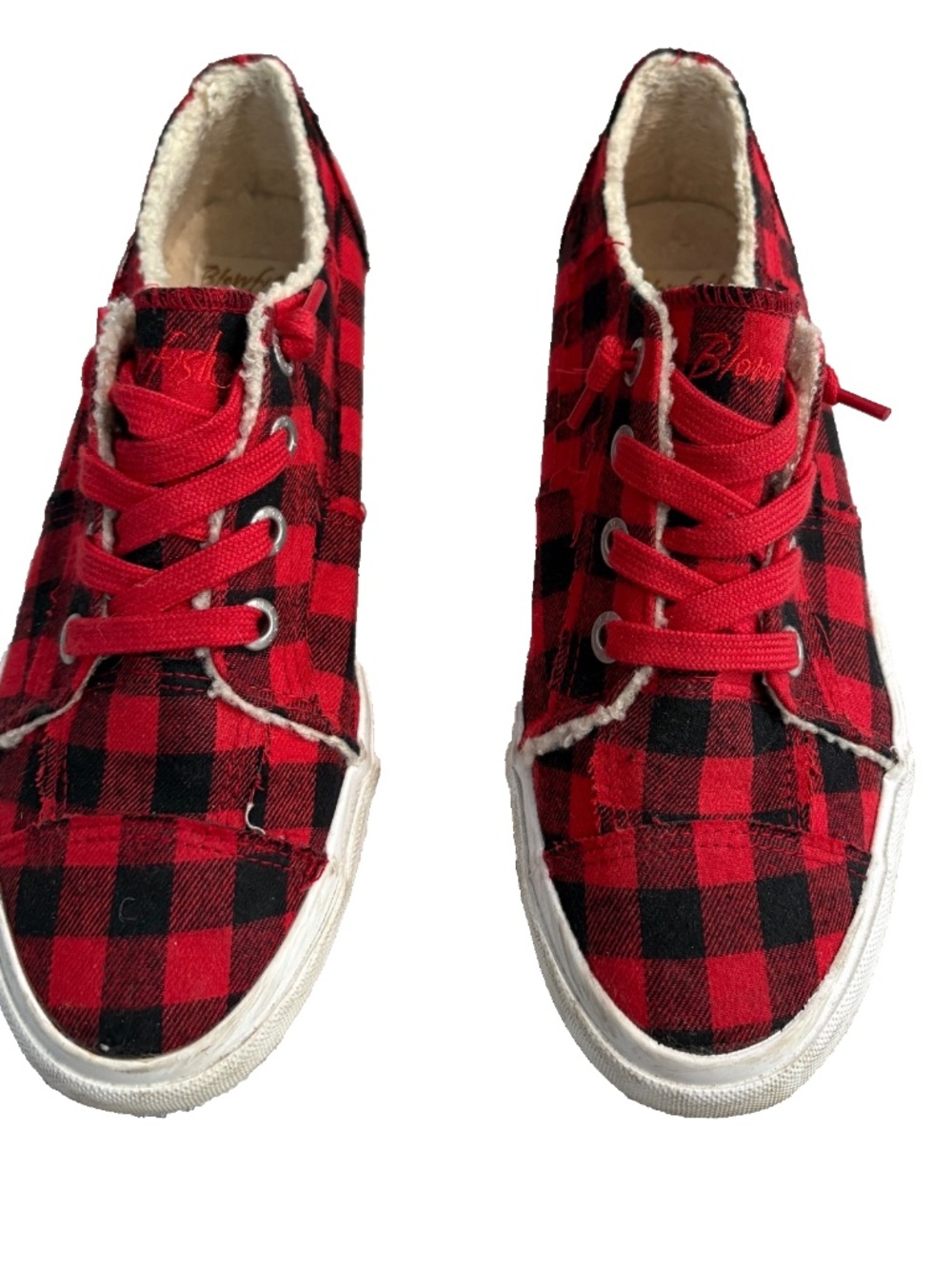 Blowfish Malibu Red Black Buffalo Plaid Slip On Sneakers Sherpa Lined Womens 8.5